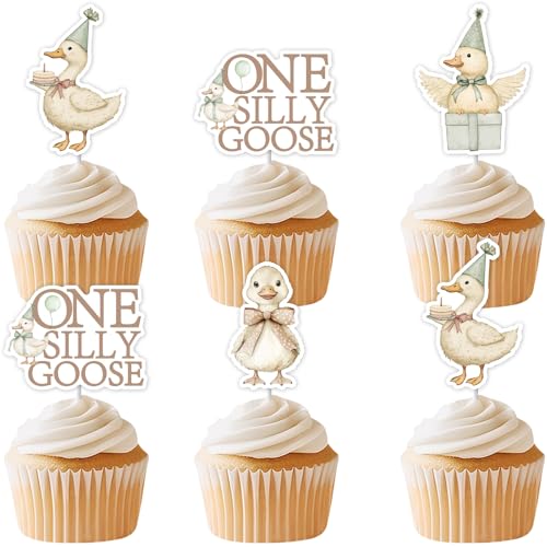 Cheereveal 36Pcs Khaki Silly Goose Cupcake Topper, eine Silly Goose Cupcake Picks 1. Geburtstag Party Kuchen Dekorationen, Bauernhof Tier Thema Erste Bday Baby Shower Party Zubehör von Cheereveal
