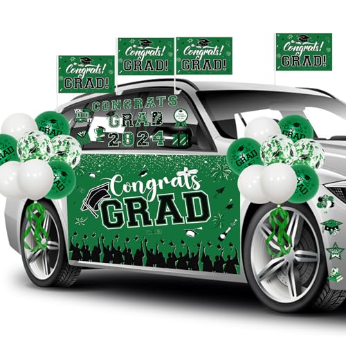 Cheereveal Graduation Parade Auto Dekorationen, Grün und Schwarz Klasse von 2024 Congrats Grad Auto Banner Graduation Flaggen Latex Ballon Auto Aufkleber für High School College Graduation Party von Cheereveal