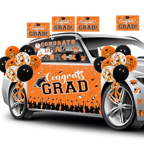 Cheereveal Graduation Parade Auto Dekorationen, Orange und Schwarz Klasse von 2024 Congrats Grad Auto Banner Graduation Flaggen Latex Ballon Auto Aufkleber für High School College Graduation Party von Cheereveal