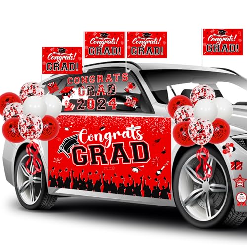 Cheereveal Graduation Parade Auto Dekorationen, Rot und Schwarz Klasse von 2024 Congrats Grad Auto Banner Graduation Flaggen Latex Ballon Auto Aufkleber für High School College Graduation Party von Cheereveal