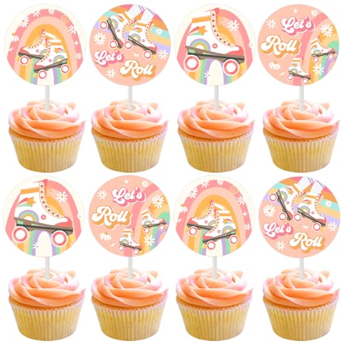 Cheereveal Rollschuh-Geburtstagsdekorationen – 36 Stück, grooviges Thema Let's Roll Cupcake-Topper, Tisch-Dessert-Cupcake-Picks, Happy Birthday Partyzubehör für Mädchen von Cheereveal