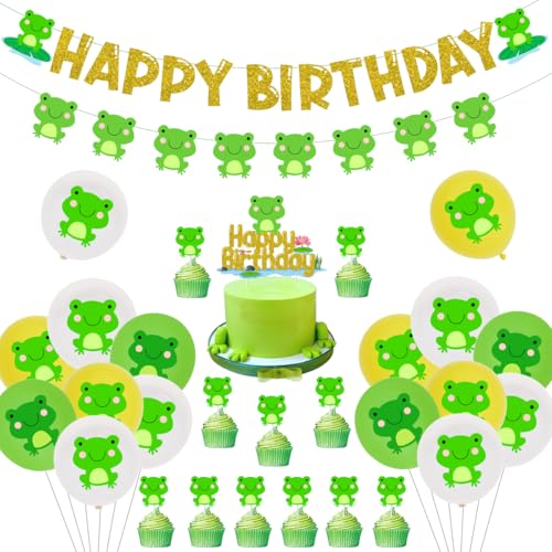 Frosch-Geburtstagsparty-Dekorationen, Frosch-Partyzubehör mit Happy Birthday-Banner, Tortenaufsatz, Frosch-Latexballons, Folienballons für Jungen-Mädchen-Bday-Party-Zubehör von Cheereveal