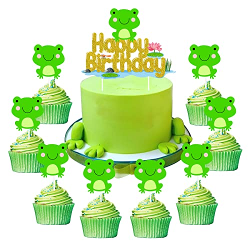 Frosch-Kuchendekorationen, 25 Stück, Frosch, Happy Birthday, goldfarbener Glitzer und Cupcake-Topper für Frosch, Geburtstag, Regenwald, Partyzubehör von Cheereveal