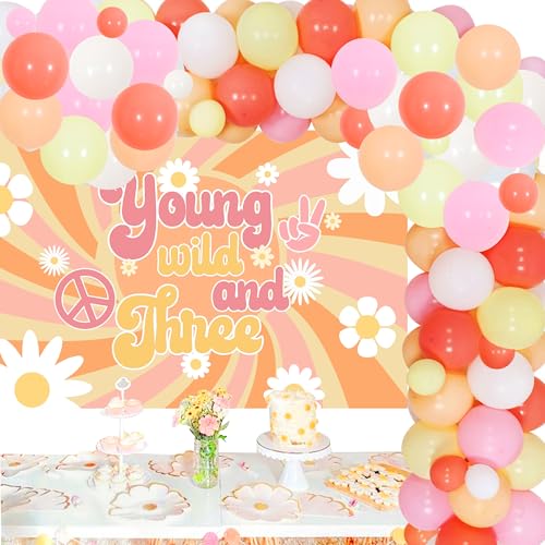 Cheereveal Groovy Party-Dekorationen zum 3. Geburtstag, junge und wilde Dekorationen mit Hintergrund, Retro, Hippie, Boho, Gänseblümchen, Blume, 3. Geburtstag, Ballongirlande, Kit von Cheereveal