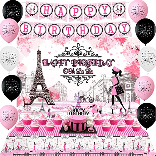 Cheereveal Happy Birthday Paris Dekorationen für Mädchen Rosa Eiffelturm Geburtstag Party Supplies Paris Happy Birthday Hintergrund Tischdecke Banner Eiffelturm Cupcake Toppers von Cheereveal
