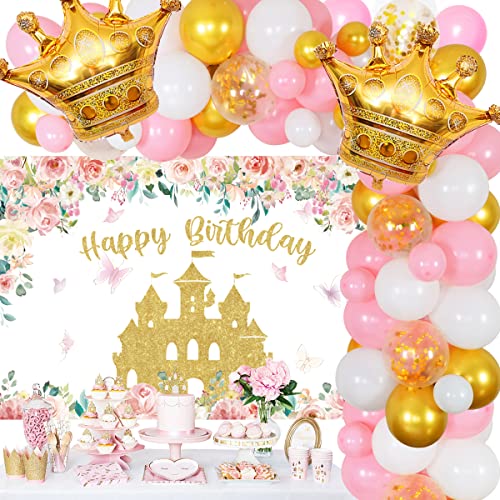 Kleine Prinzessin Geburtstagsparty-Dekorationen, rosa und goldenes Ballon-Girlanden-Set, alles Gute zum Geburtstag, Hintergrund, Krone, Folienballons für Mädchen, Frauen, Geburtstagsparty-Zubehör von Cheereveal