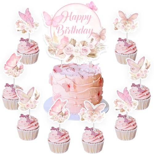Schmetterling Alles Gute zum Geburtstag Tortenaufleger Set, 24-teilige Schmetterlings-Cupcake-Picks mit 1-teiligem rosa Boho-Tortenaufsatz, Mädchengeburtstagsfeier-Dekorationszubehör Schmetterling Alles Gute zum Geburtstag Tortenaufleger Set, 24-teilige Schmetterlings-Cupcake-Picks mit 1-teiligem rosa Boho-Tortenaufsatz, Mädchengeburtstagsfeier-Dekorationszubehör von Cheereveal