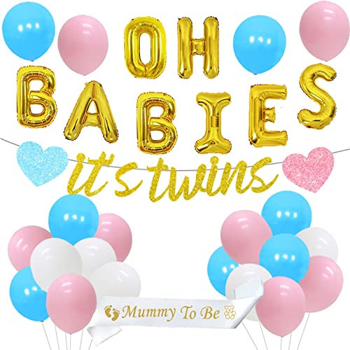 Twins Baby Shower Dekorationen Pink und Blau It's Twins Glitter Paper Banner Oh Babies Folienballon Banner Mummy to Be Schärpe Konfetti Ballons für Twin Gender Reveal Party Supplies von Cheereveal