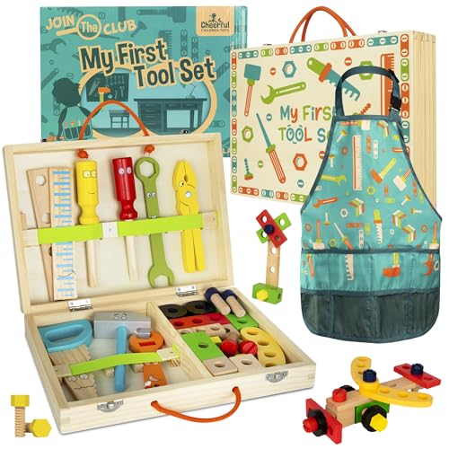 Cheerful Children Toys Hochwertiges Kinder-Werkzeug-Set – 36-teiliges Holzwerkzeug-Set für Kinder von 3–7 Jahren – inklusive tragbarer Werkzeugkiste und verstellbarer Schürze – DIY-Geschenk für junge von Cheerful Children Toys