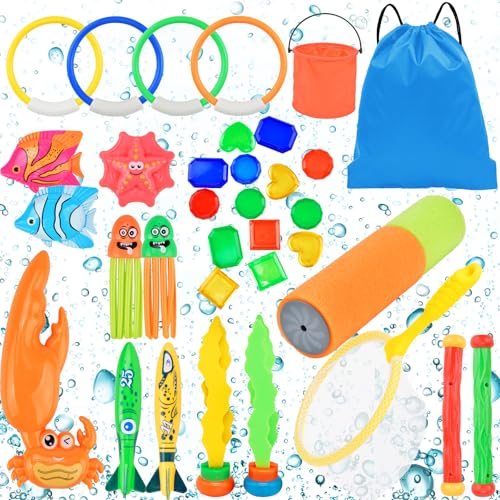 Cheloveer 28 Stück Tauchspielzeug für Kinder mit Algenspielzeug, Fischernetz, Fischeimer, Tauchringe, Wasserpistole, Tauchjuwel, Tauchstäbe, Beutel, Tauchtiere, für Schwimmbäder, Strände, Bade Cheloveer 28 Stück Tauchspielzeug für Kinder mit Algenspielzeug, Fischernetz, Fischeimer, Tauchringe, Wasserpistole, Tauchjuwel, Tauchstäbe, Beutel, Tauchtiere, für Schwimmbäder, Strände, Bade von Cheloveer