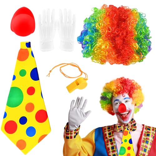 Cheloveer 5PCS Clown Kostüm, Kinder Clown Accessoires Set Herren Mit Perücke Nase Krawatte Handschuhen Und Pfeifen, Zubehör Karneval Kostüme von Cheloveer