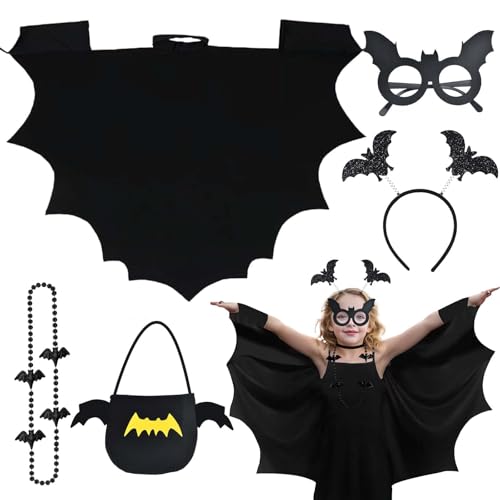 Cheloveer Fledermaus Kostüm für Kinder - Halloween Set mit Haarreif, Brille, Halskette und Tasche - Größe 110 - für Mädchen und Jungen von Cheloveer
