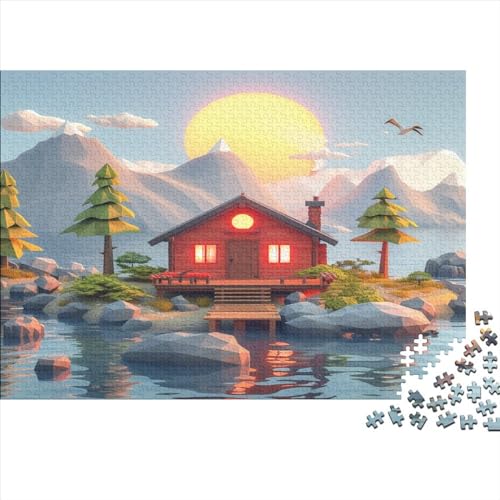 Landschaftsmalerei Puzzle Farbenfrohes 1000 Teile Impossible Puzzle Herausforderndes Puzzle Rahmen Puzzle Geschicklichkeitsspiel Lakeside Lodge Für Erwachsene Teenager von ChengzeTCo