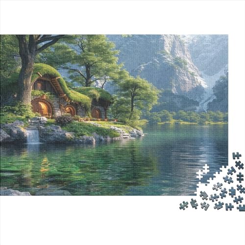 Landschaftsmalerei Puzzle Farbenfrohes 1000 Teile Impossible Puzzle Schwieriges Puzzle Rahmen Puzzle Puzzle-Geschenk Lakeside Lodge Erwachsene-Puzzle von ChengzeTCo