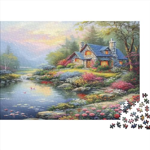 Landschaftsmalerei Puzzle Farbenfrohes 300 Teile Impossible Puzzle Herausforderndes Puzzle Rahmen Puzzle Puzzle-Geschenk Lakeside Lodge Für Die Ganze Familie von ChengzeTCo
