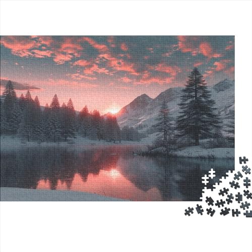 Winterliche Schneelandschaft Hölzerne Puzzles 1000 Teile Jigsaw Puzzle untergehende Sonne Unmögliches Puzzle Tolles Geschenk Für Erwachsene Retro Ostern Geschenke 1000pcs (75x50cm) von ChengzeTCo