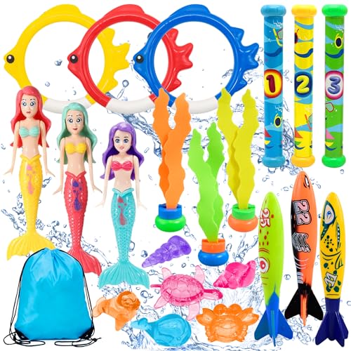 Chennyfun 22 Stück Tauchen Spielzeug für Kinder, Tauchspielzeug Set enthält Tauchringe Tauchstöcke Toypedo Bandits, Unterwasser Schwimmbad Spielzeug Sommer für Jungs und Mädchen von Chennyfun