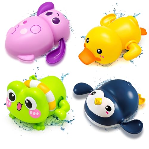 Chennyfun Baby Badespielzeug, 4 Stück Aufzieh Badespielzeug für Baby Kinder Ab 1 2 3 Jahr, Badewannen-Spielzeug Wasserspielzeug, Uhrwerk Schwimmbad Spielzeug Geschenke für Kleinkinder Jungen Mädchen von Chennyfun