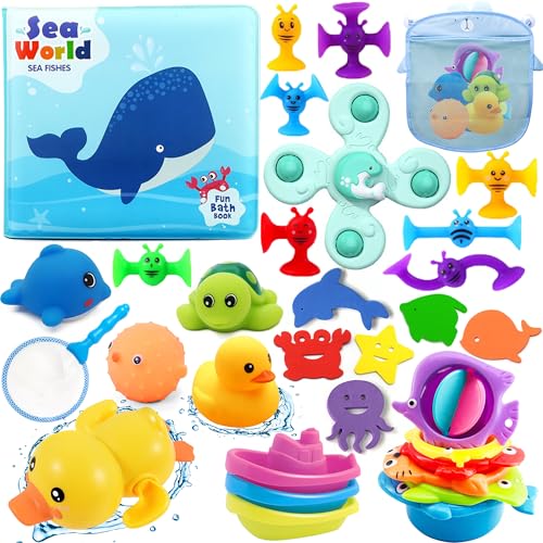 Chennyfun Baby Badespielzeug Wasserspielzeug, 32Pcs Kinder Badewanne Spielzeug mit Fischernetz, Badewannenspielzeug Baby Kinder Spielzeug-Gummi-Ente, Schildkröte, Delfin für 1-5 Jahre Baby von Chennyfun