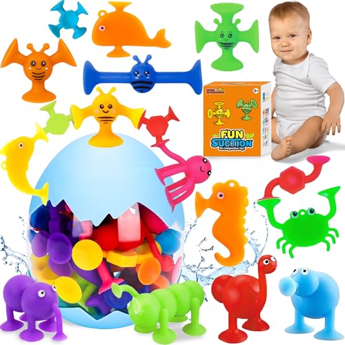 Chennyfun Tierform Saugnapf Spielzeug Set, 30 Stück Kinder Badewannenspielzeug ab 3 Jahre, Montessori Badespielzeug Sensorik Spielzeug, Silikon Bausteine Reise Spielzeug Geschenk für Junge Mädchen ADH von Chennyfun