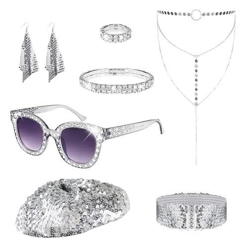 7-teiliges Diskothekenkostüm-Set für Damen, Diskotheken-Kostüm, Pailletten, Kappen, Ohrringe, Halskette, Sonnenbrille, 7-teiliges Set 7-teiliges Diskothekenkostüm-Set für Damen, Diskotheken-Kostüm, Pailletten, Kappen, Ohrringe, Halskette, Sonnenbrille, 7-teiliges Set von Chenxi Studio