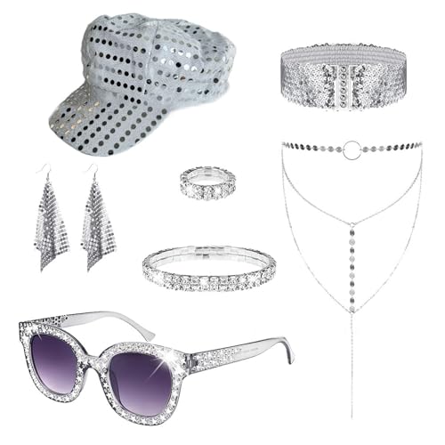 7-teiliges Diskothekenkostüm-Set für Damen, Diskotheken-Kostüm, Pailletten, Kappen, Ohrringe, Halskette, Sonnenbrille, 7-teiliges Set 7-teiliges Diskothekenkostüm-Set für Damen, Diskotheken-Kostüm, Pailletten, Kappen, Ohrringe, Halskette, Sonnenbrille, 7-teiliges Set von Chenxi Studio