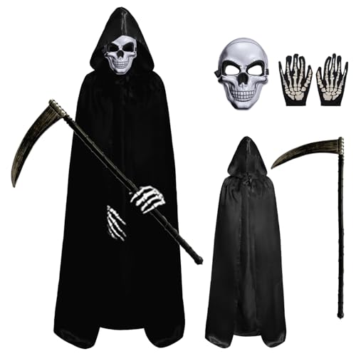 Sensenmann KostüM,Halloween Umhang,4-Teiliges Skelett KostüM,150cm Unisex Erwachsene Sensenmann Umhang Mit Sense SchäDelmaske SchäDehandschuhe FüR Cosplay Dekoration Karneval Mottoparty Maskerade Sensenmann KostüM,Halloween Umhang,4-Teiliges Skelett KostüM,150cm Unisex Erwachsene Sensenmann Umhang Mit Sense SchäDelmaske SchäDehandschuhe FüR Cosplay Dekoration Karneval Mottoparty Maskerade von Chenyell