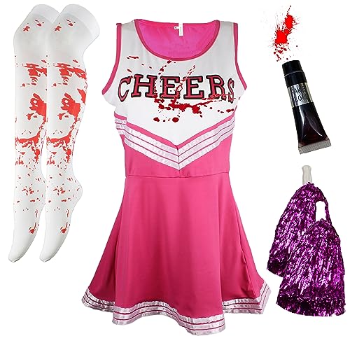 Zombie-Cheerleader-Halloween-Kostüm für Damen – Erwachsene Dead Cheerleader mit Blutschlauch, Strümpfe, Pink, Größe M Zombie-Cheerleader-Halloween-Kostüm für Damen – Erwachsene Dead Cheerleader mit Blutschlauch, Strümpfe, Pink, Größe M von Cherry-on-Top