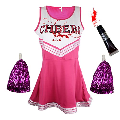 Zombie-Cheerleader-Kostüm mit Kunstblutröhrchen, „totes Cheerleader“-Outfit für Damen, Mädchen oder Kinder zu Halloween, Rose, Größe XS von Cherry-on-Top