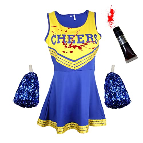 Zombie-Cheerleader-Kostüm mit Kunstblutröhrchen, „totes Cheerleader“-Outfit für Damen, Mädchen oder Kinder zu Halloween, Blau-Gelb, Größe L von Cherry-on-Top