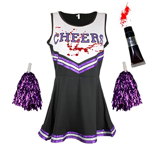 Zombie-Cheerleader-Kostüm mit Kunstblutröhrchen, „totes Cheerleader“-Outfit für Damen, Mädchen oder Kinder zu Halloween, Schwarz-Lila, Größe L von Cherry-on-Top