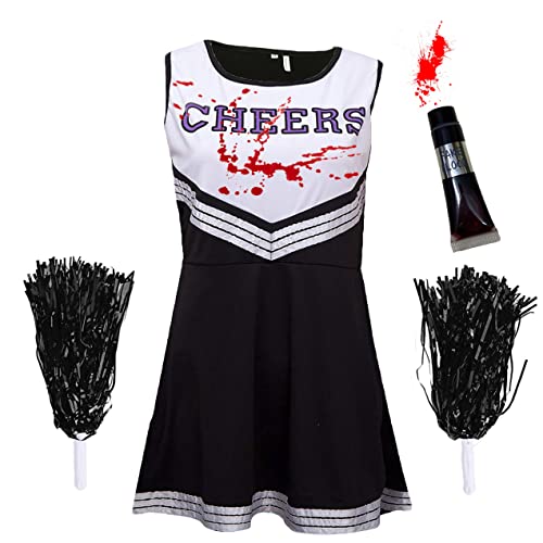 Zombie-Cheerleader-Kostüm mit Kunstblutröhrchen, „totes Cheerleader“-Outfit für Damen, Mädchen oder Kinder zu Halloween, Schwarz-Weiß, Größe L von Cherry-on-Top