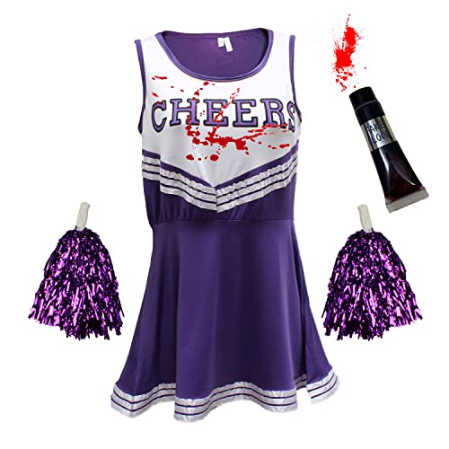 Zombie-Cheerleader-Kostüm mit Kunstblutröhrchen, „totes Cheerleader“-Outfit für Damen, Mädchen oder Kinder zu Halloween, Lila, Größe XS von Cherry-on-Top
