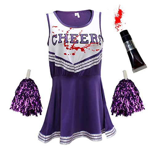 Zombie-Cheerleader-Kostüm mit Kunstblutröhrchen, „totes Cheerleader“-Outfit für Damen, Mädchen oder Kinder zu Halloween, Lila, Größe XS Zombie-Cheerleader-Kostüm mit Kunstblutröhrchen, „totes Cheerleader“-Outfit für Damen, Mädchen oder Kinder zu Halloween, Lila, Größe XS von Cherry-on-Top