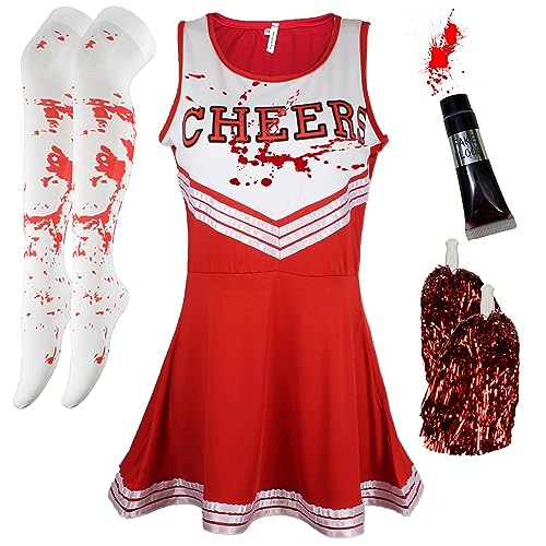 Zombie-Cheerleader-Kostüm für Damen, gruselig, tot, Cheerleader, Halloween, Zombie, Erwachsene, XL, inklusive Flasche Blut-Pompoms und Strümpfe, Rot Zombie-Cheerleader-Kostüm für Damen, gruselig, tot, Cheerleader, Halloween, Zombie, Erwachsene, XL, inklusive Flasche Blut-Pompoms und Strümpfe, Rot von Cherry-on-Top