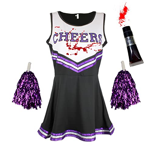 Zombie-Cheerleader-Kostüm mit Kunstblutröhrchen, „totes Cheerleader“-Outfit für Damen, Mädchen oder Kinder zu Halloween, Schwarz-Lila, Größe M Zombie-Cheerleader-Kostüm mit Kunstblutröhrchen, „totes Cheerleader“-Outfit für Damen, Mädchen oder Kinder zu Halloween, Schwarz-Lila, Größe M von Cherry-on-Top