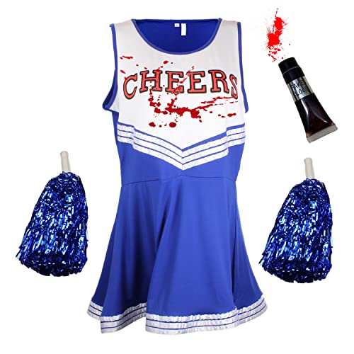 Zombie-Cheerleader-Kostüm mit Kunstblutröhrchen, Blau, Größe L von Cherry-on-Top