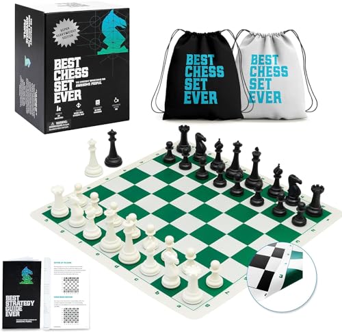 Best Chess Set Ever Schachspiel für Turniere, 3X dreifach beschwerte Staunton-Figuren, mit 50,8 cm x 50,8 cm faltbarem doppelseitigem Silikonbrett, Super-Schwergewicht-Ausgabe von Chess Geeks