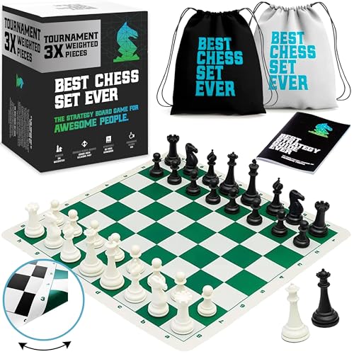 Best Chess Set Ever 3X: Turnierschach, Dreifaches Gewicht (König 10,3 cm), Silikonbrett, Beidseitig und Faltbar 50x50 cm, Moderne Staunton Figuren, Schachspiel Professionell für Erwachsene und Kinder von Chess Geeks