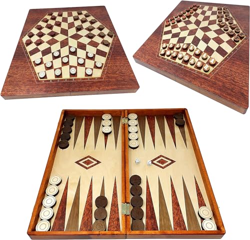 ChessEbook 3-in-1 Backgammon + Schach und Dame für 3 Personen aus Holz - Spielset mit Spielsteinen - 40x40 cm von Chessebook