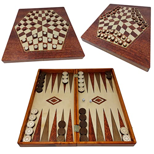 ChessEbook 3-in-1 Backgammon + Schachspiel und Dame für 3 Personen aus Holz - Spielset mit Spielsteinen - 35x35 cm von Chessebook