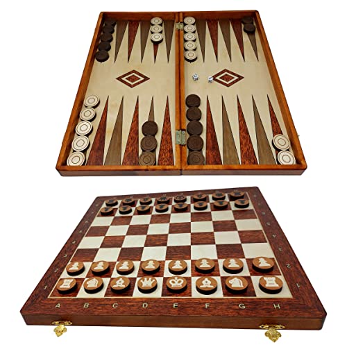 ChessEbook 3-in-1 Schachspiel + Dame + Backgammon - Hochwertiges Schachbrett aus Holz - Chess Board Set klappbar - Schachbrett-Spielset mit Spielsteinen - 40x40 cm von Chessebook