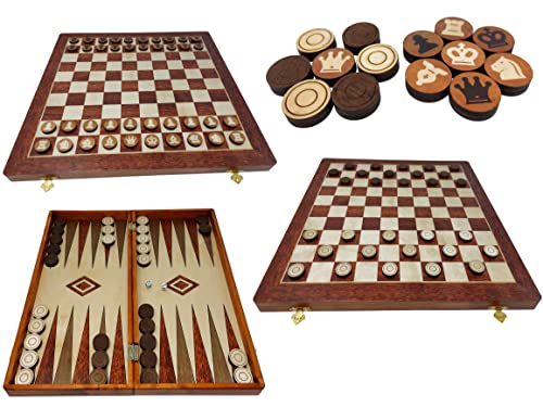 ChessEbook 3-in-1 Schachspiel Dame Backgammon - Hochwertiges Schachbrett 10x10 100 Felder Set aus Holz - Chess Board klappbar - Spielset mit Spielsteinen - 40 x 40 cm von Chessebook