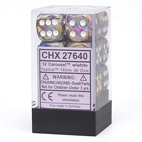 Chessex 16mm d6 with pips Dice Blocks (12 Dice) - Festive Carousel w/White von Chessex
