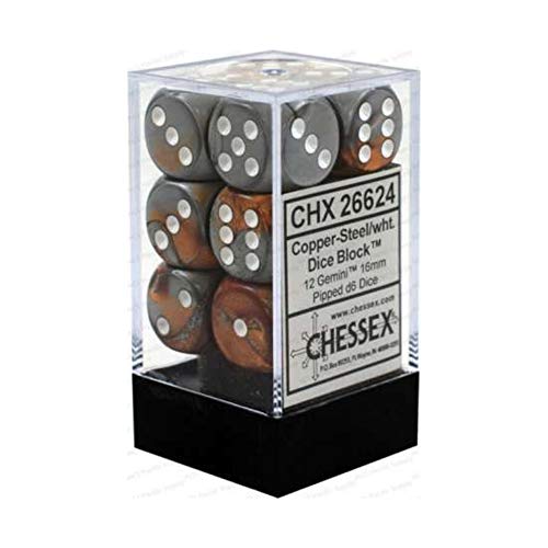 Chessex Gemini 16mm d6 with pips Dice Blocks (12 Dice) - Copper-Steel w/White von Chessex