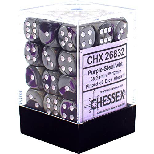 Chessex Gemini 12mm d6 Dice Blocks with pips Dice Blocks (36 Dice) - Purple-Steel w/White von Chessex