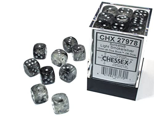 Chessex Borealis 12mm d6 Light Smoke/Silver Luminary Dice Block (36 dice) von Chessex