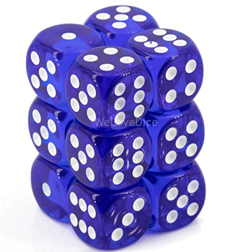 Chessex Dice d6 Sets: Blue with White Translucent - 16mm Six Sided Die (12) Block of Dice by Chessex von Chessex