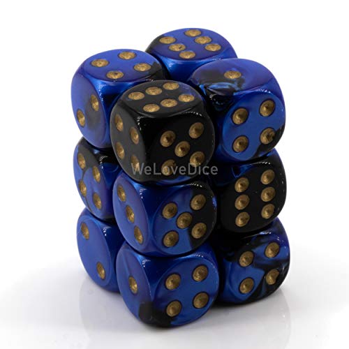 Chessex Dice d6 Sets: Gemini Black & Blue with Gold - 16mm Six Sided Die (12) Block of Dice von Chessex