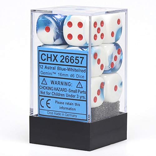 Chessex Gemini 16mm d6 with pips Dice Blocks (12 Dice) - Astral Blue-White w/red von Chessex